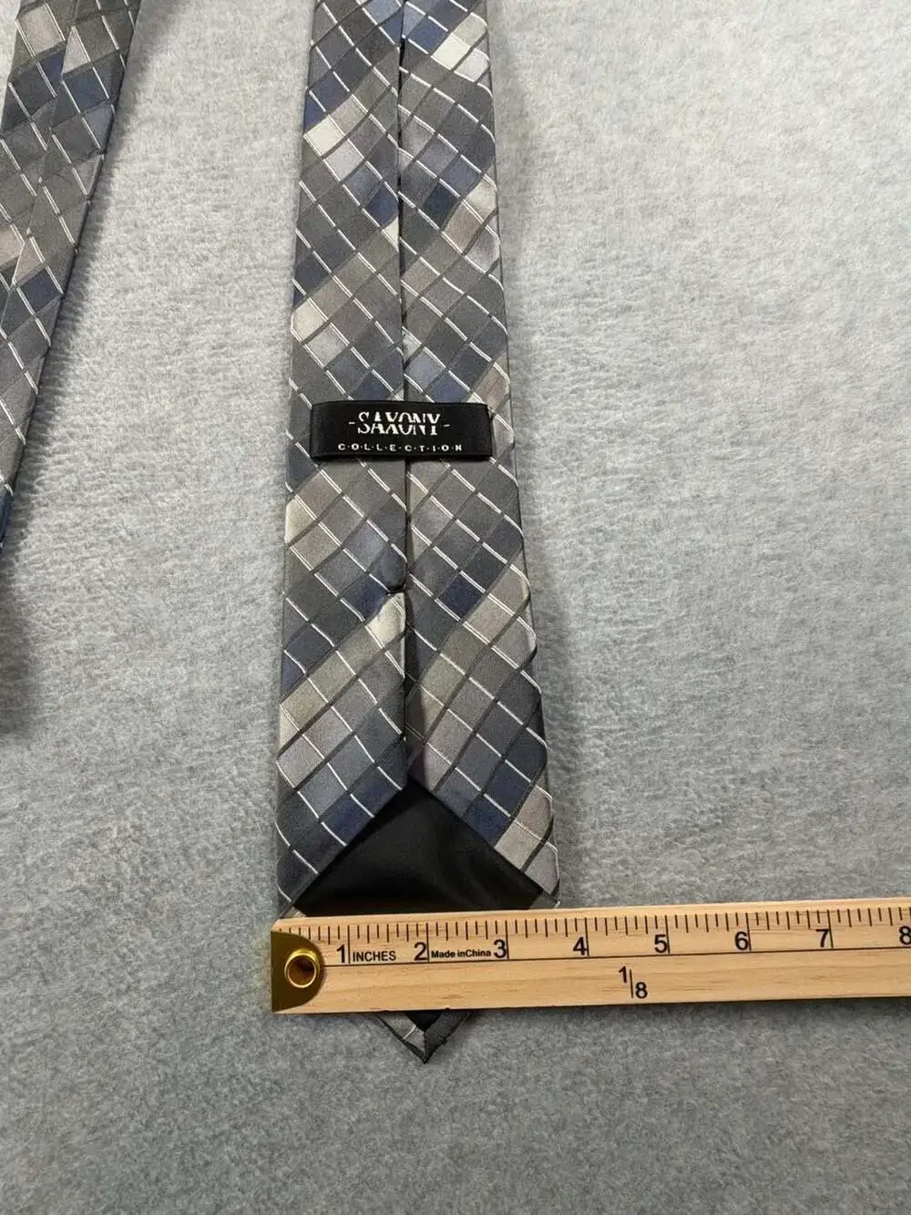 Savony Collection Men's Grey and Blue Geometric Plaid 100% Silk Necktie